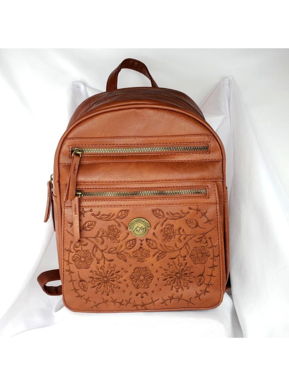 White Mountain Womens Tan Brown Faux Leather Backpack With Floral Embroidery NWT - Picture 2 of 9